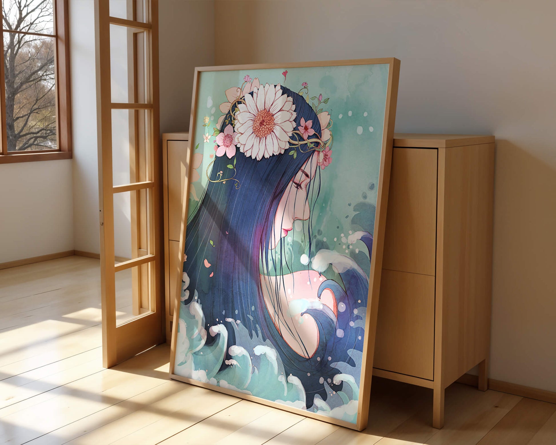 Illustration of a serene woman with floral crown and ocean waves