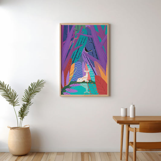 Colorful forest scene with deer and bird under vibrant foliage