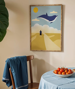 Surreal Landscape with Flying Blue Whale and Human on Desert Path