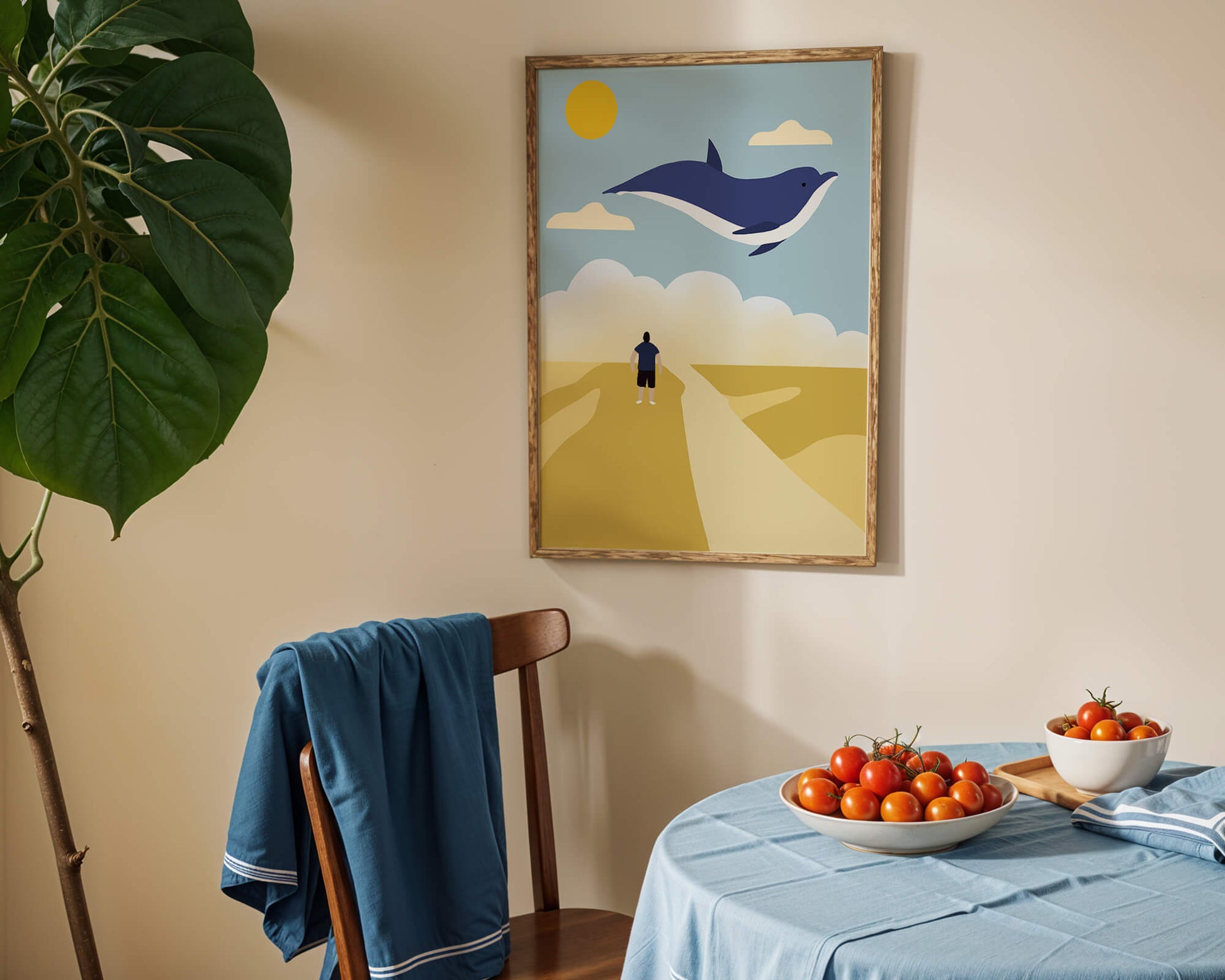 Paisaje surrealista con ballena azul voladora y humano en camino desértico