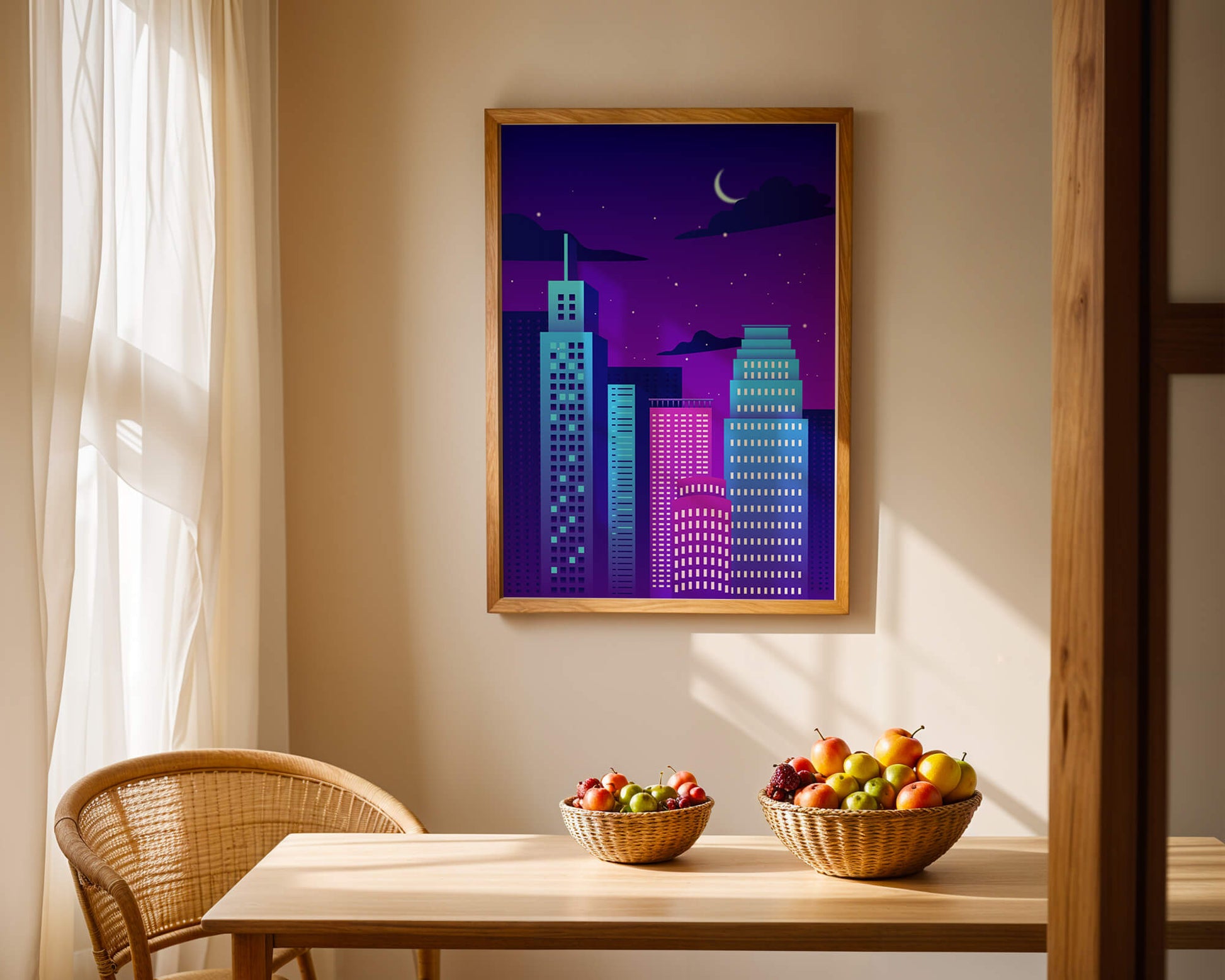 Vibrant city skyline at night with modern skyscrapers and starry sky