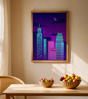 Vibrant city skyline at night with modern skyscrapers and starry sky