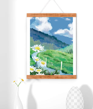 Meadow with Daisies Under Bright Blue Sky