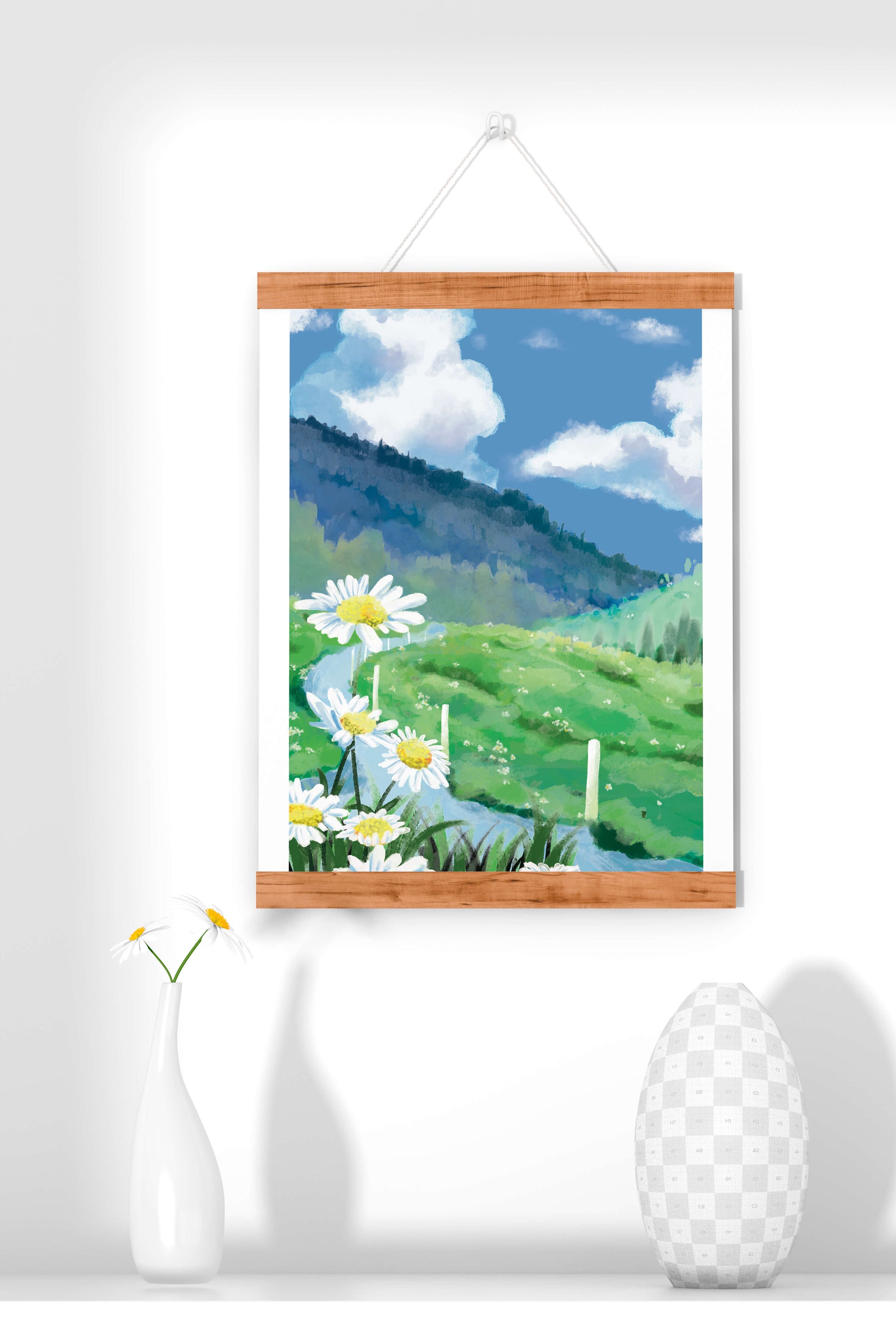 Meadow with Daisies Under Bright Blue Sky