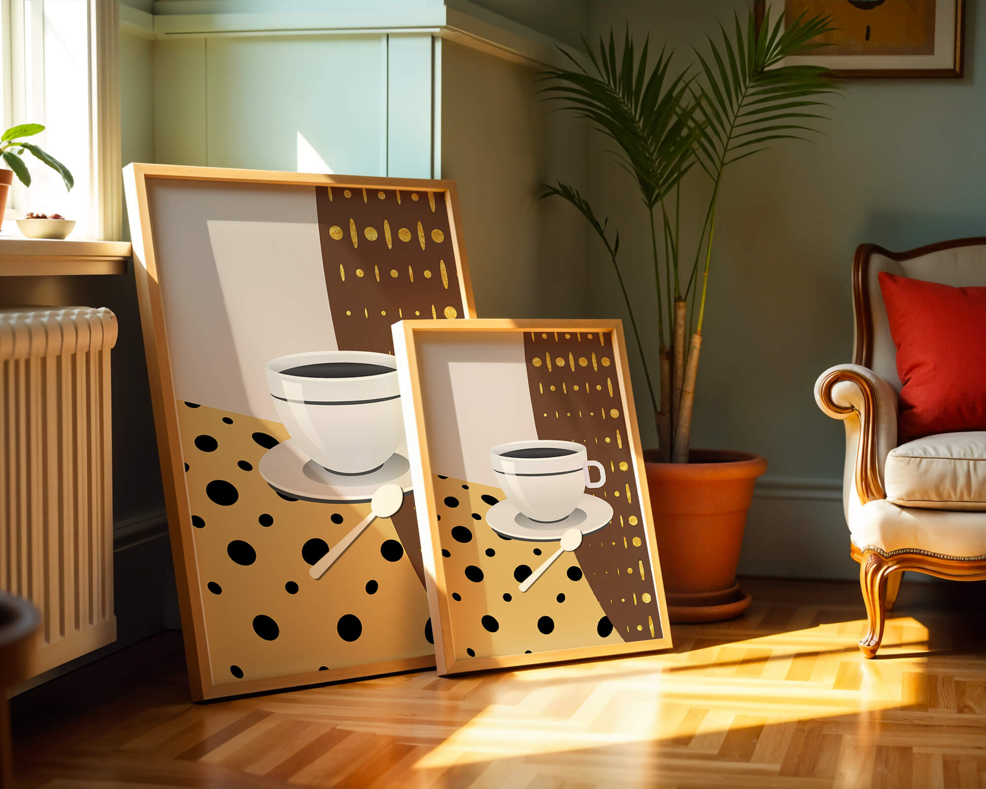 Contemporary Coffee Art with Geometric Patterns and Gold Accents - Mi tienda