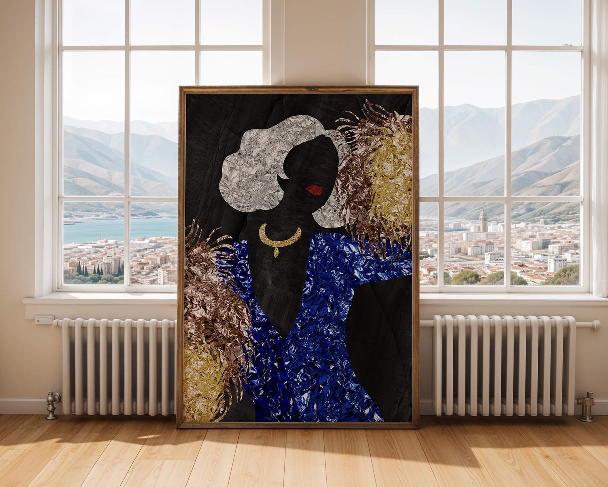 Abstract art with colorful foil textures and silhouette
