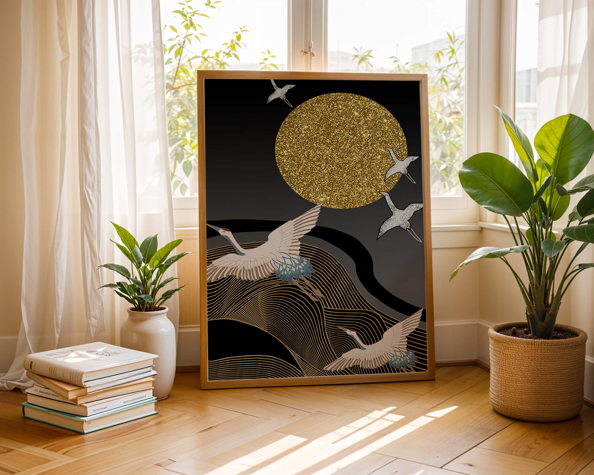 Elegant Cranes Soaring under a Golden Sun