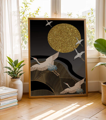Elegant Cranes Soaring under a Golden Sun