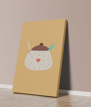 Ilustración de una olla decorada con corazones y vapor sobre fondo amarillo