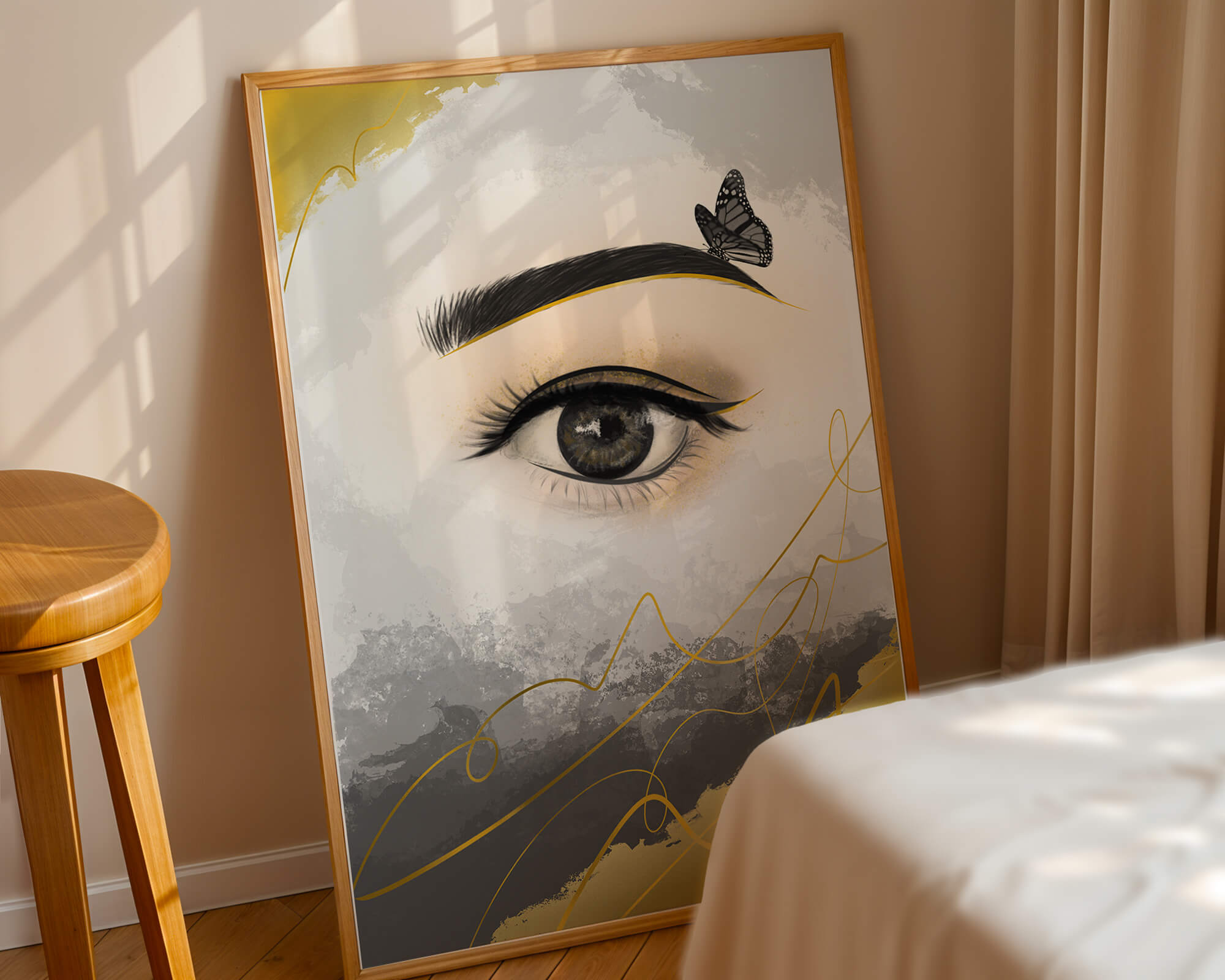 Artistic eye illustration with butterfly and abstract gold accents