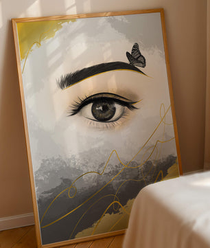 Artistic eye illustration with butterfly and abstract gold accents