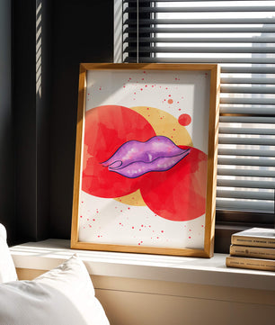 Vibrant Abstract Artwork Featuring Purple Lips on Watercolor Background