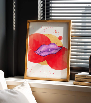 Vibrant Abstract Artwork Featuring Purple Lips on Watercolor Background