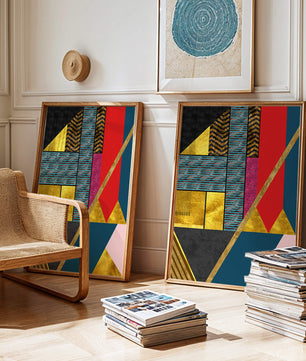 Geometric abstract design with vibrant colors and gold accents