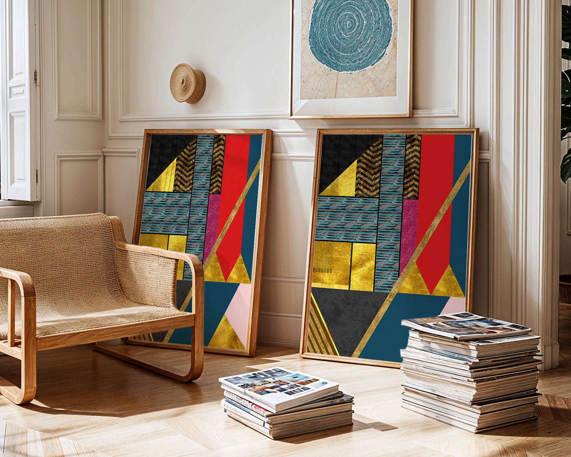Geometric abstract design with vibrant colors and gold accents