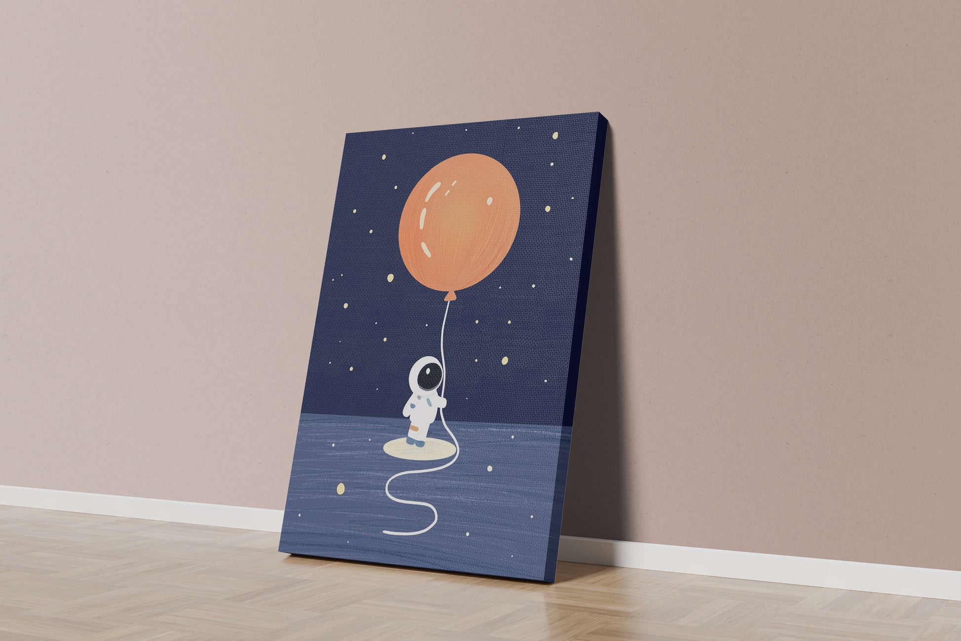 Charming Astronaut Holding Large Orange Balloon Under Starry Sky