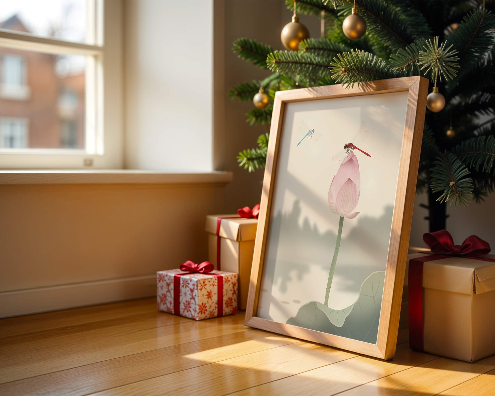 Libélulas sobre un capullo de loto con paisaje sereno