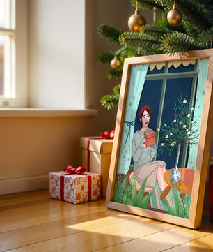Mujer sosteniendo una caja de regalo en un interior acogedor con flores y ventana lluviosa