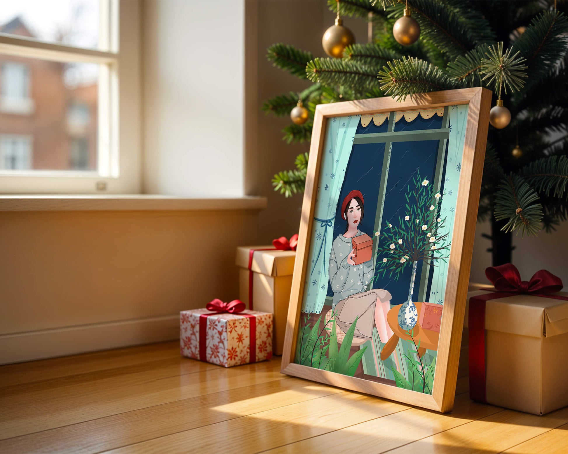 Mujer sosteniendo una caja de regalo en un interior acogedor con flores y ventana lluviosa