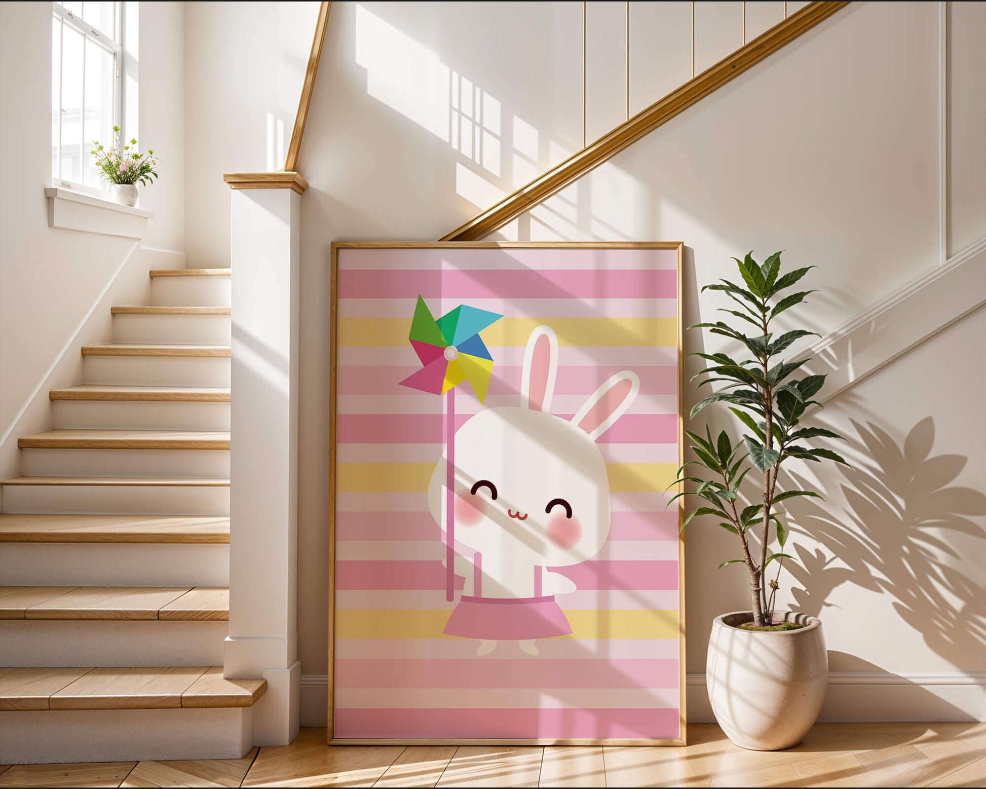 Adorable bunny with pinwheel on pastel striped backdrop