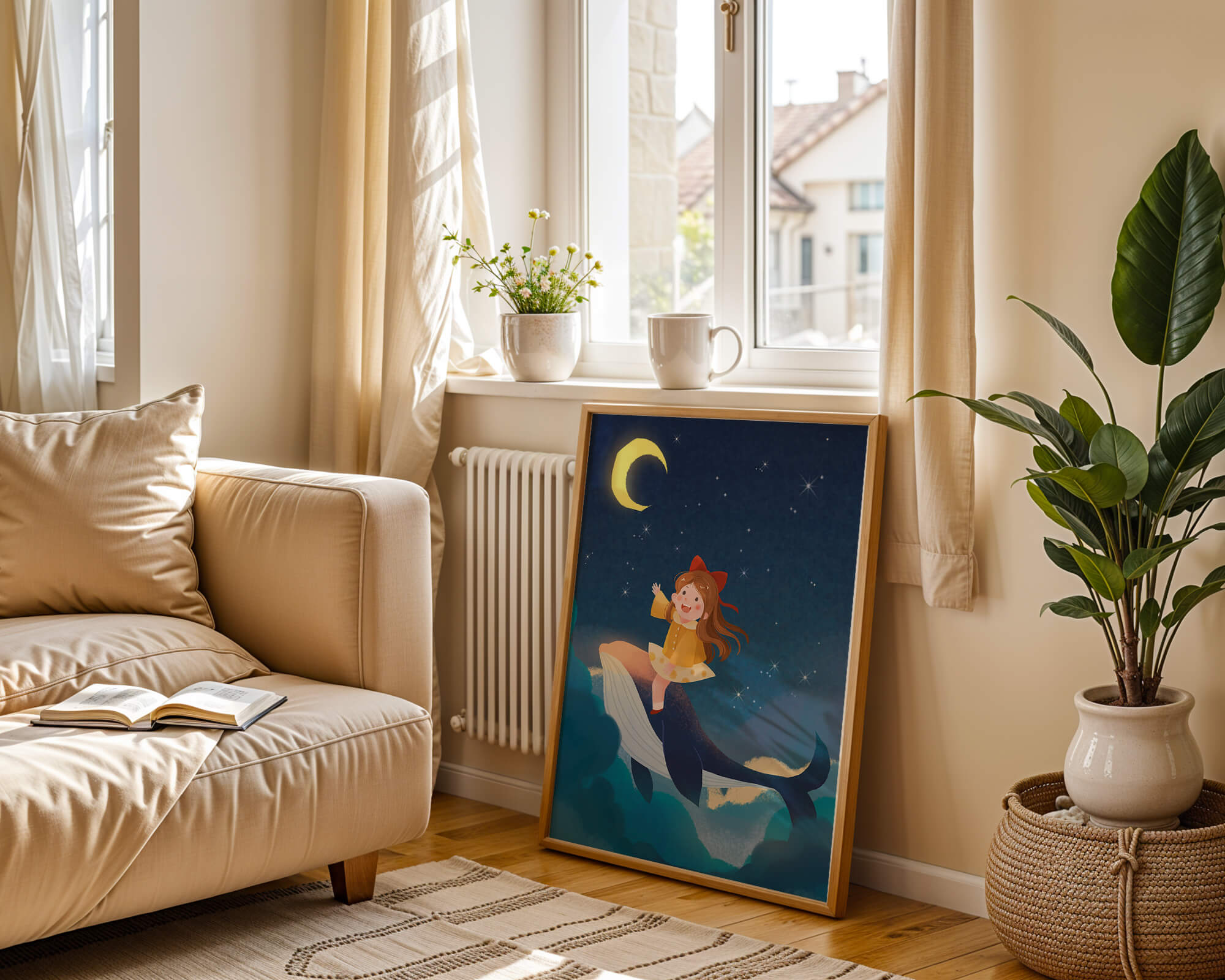 Girl on a whale under starry night sky