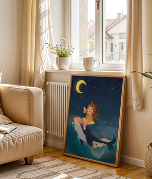 Girl on a whale under starry night sky