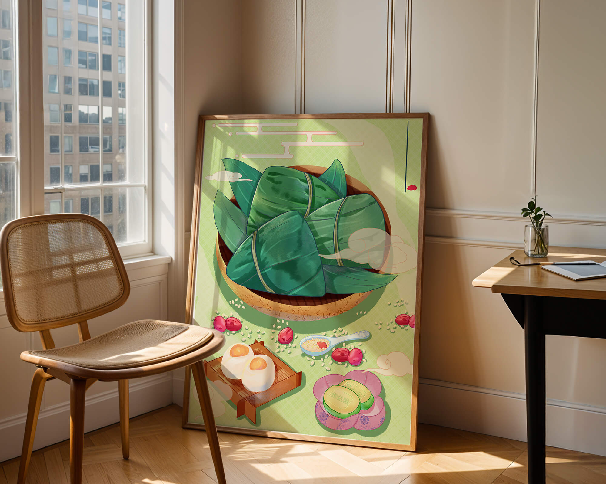 Traditional Asian food illustration with rice dumplings and mooncakes on a green background