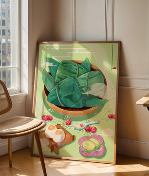 Traditional Asian food illustration with rice dumplings and mooncakes on a green background