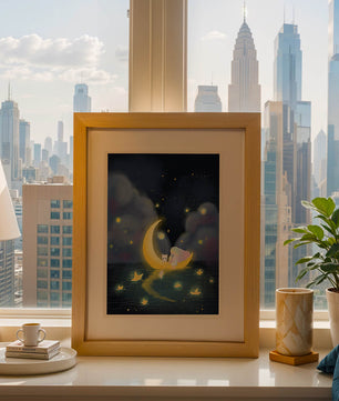 Whimsical night scene with child and cat on crescent moon