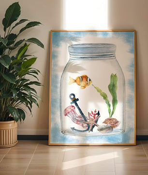 Watercolor illustration of marine life in a jar with a clownfish