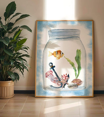 Watercolor illustration of marine life in a jar with a clownfish