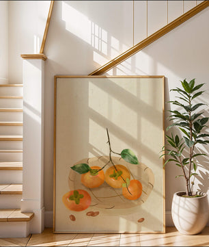 Still Life with Persimmons and Branch on a Neutral Background