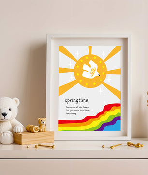 Colorful springtime illustration with dove and rainbow