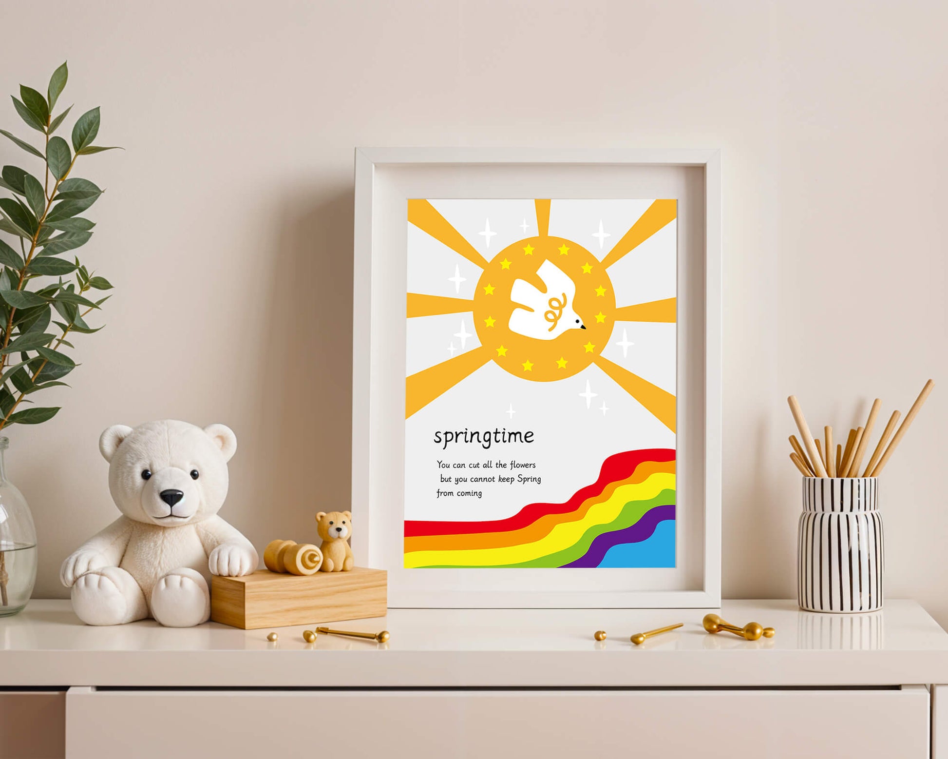Colorful springtime illustration with dove and rainbow