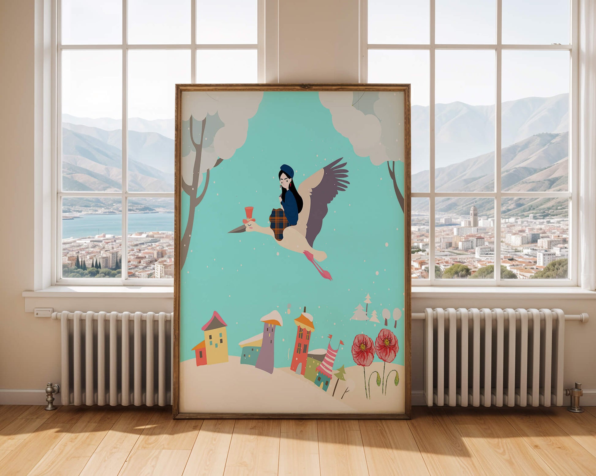 Wunderliche Winterlandschaft mit einem Mädchen auf einem Storch über einem bunten Dorf