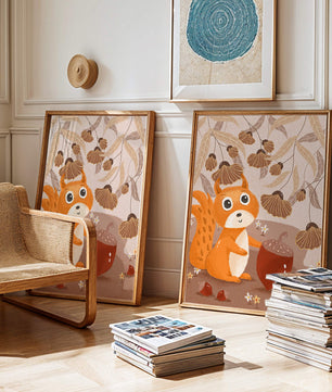 Orange Squirrel with Acorn in Autumn Forest
