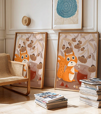 Orange Squirrel with Acorn in Autumn Forest