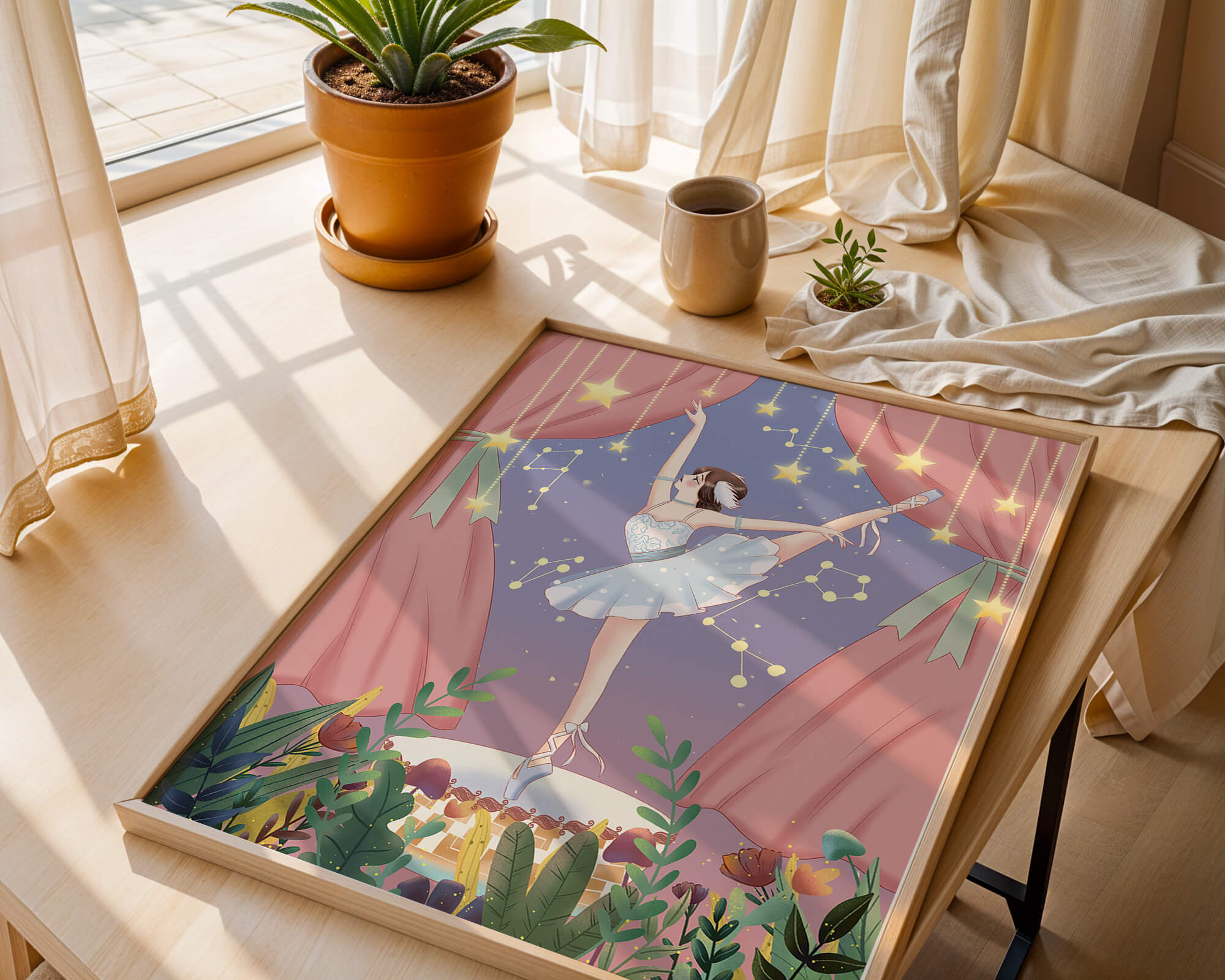 Graceful ballerina performing under starry sky on stage