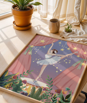 Graceful ballerina performing under starry sky on stage