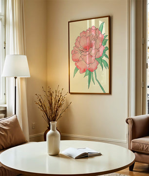 Delicate Pink Peony with Green Leaves Illustration