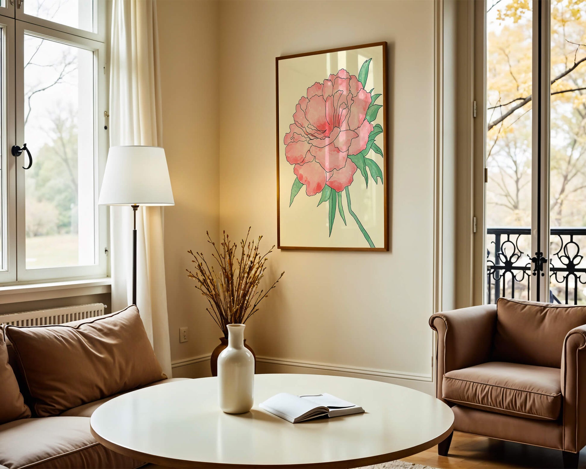 Delicate Pink Peony with Green Leaves Illustration
