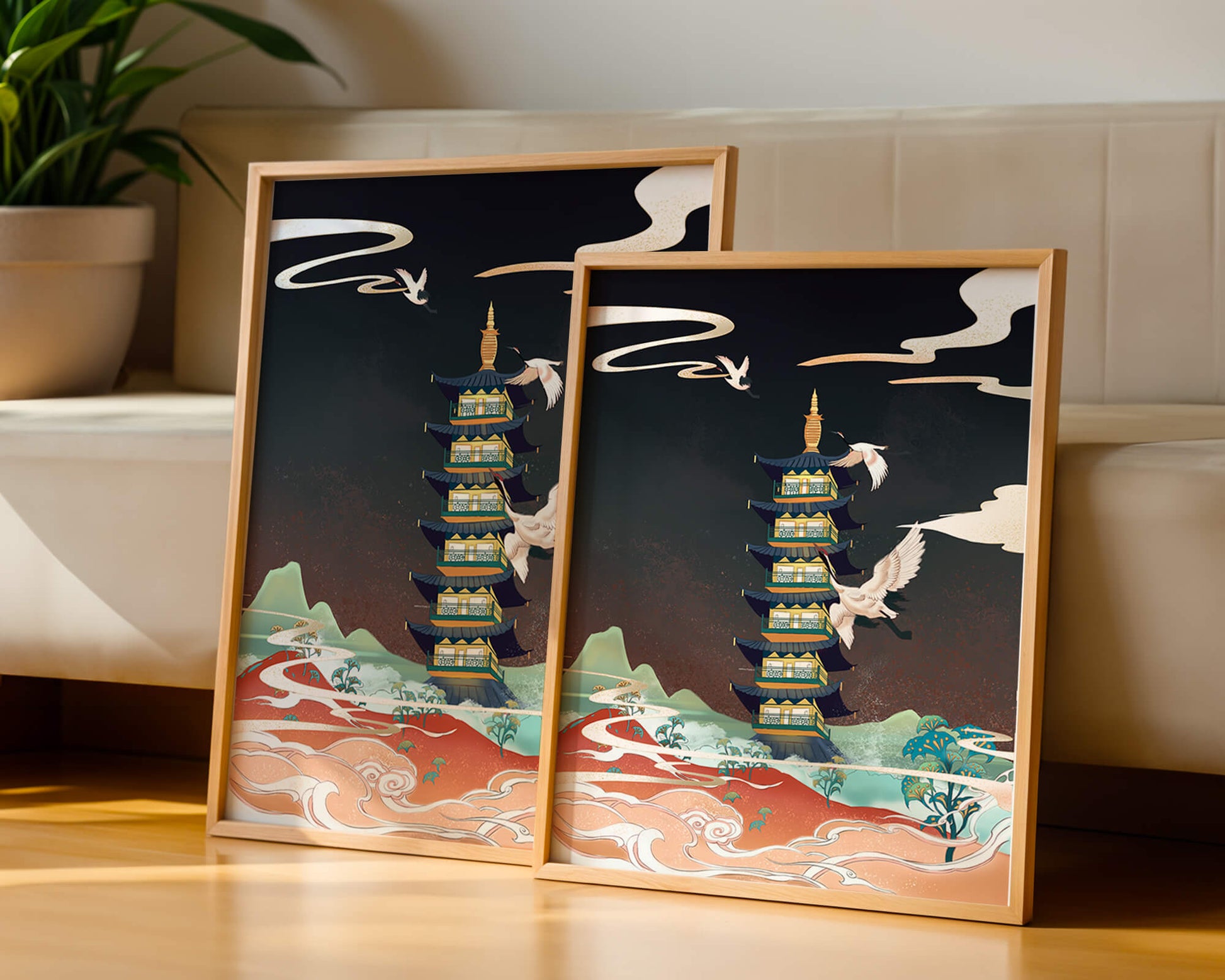 Illustrated scene of traditional pagoda with cranes in colorful landscape
