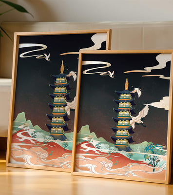 Illustrated scene of traditional pagoda with cranes in colorful landscape