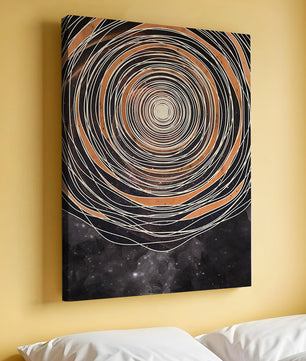 Espiral cósmica abstracta con patrones ovalados concéntricos y fondo estrellado