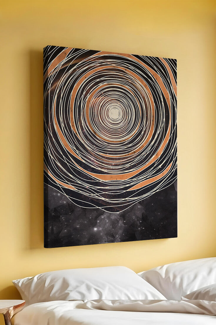 Abstract cosmic spiral with concentric oval patterns and starry background