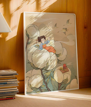Illustration d'une fille sur des fleurs géantes avec des oiseaux volants et de la nourriture