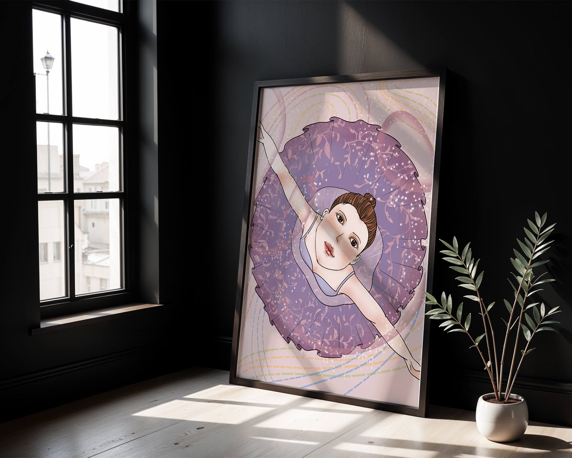 Graceful ballerina in a purple tutu with sparkling details