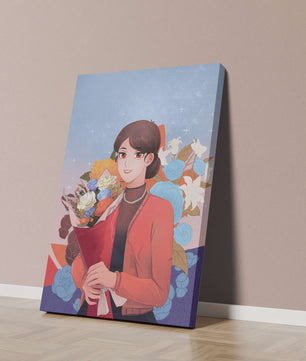 Mujer sosteniendo ramo con fondo floral