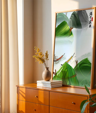 Ilustración del festival de botes dragón con dumplings de arroz tradicionales y botes dragón