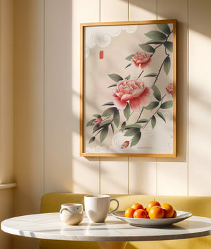 Oriental floral illustration with pink peonies and calligraphy